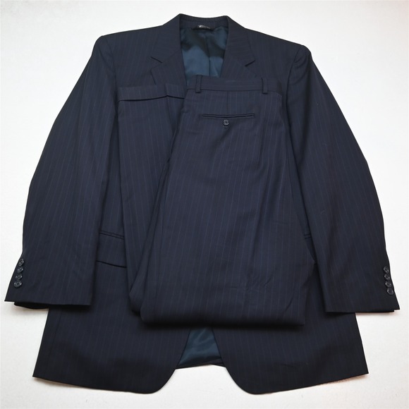 Jos A Bank 43L 36x32 Navy Blue Striped 100% Wool Mens Jacket Pants Suit